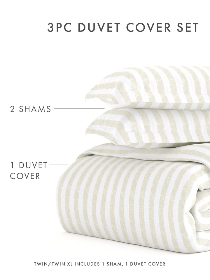 - 3 Piece Ivory Puffed Rugged Striped Duvet Cover Set with Shams for Queen Size Bedding