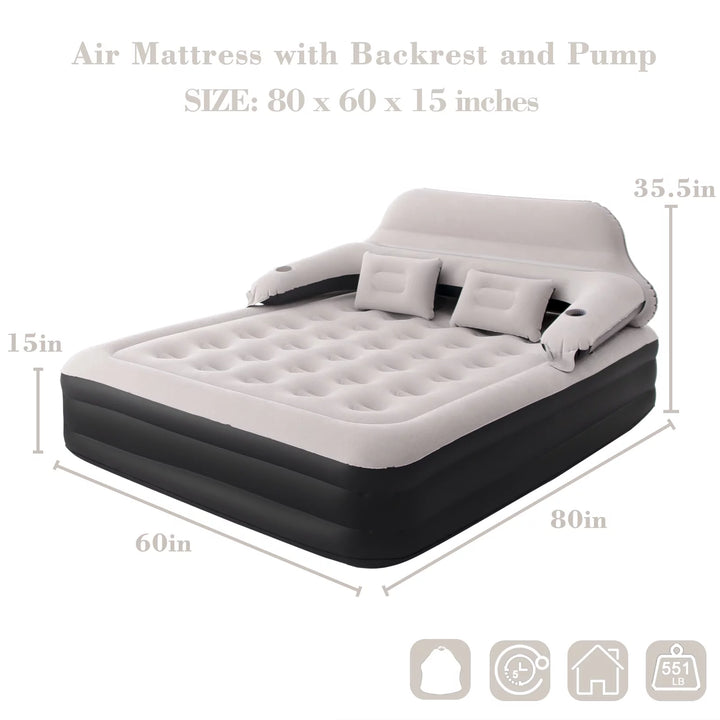 Queen Size 15" Air Mattress with Headboard, Portable Inflatable Couch