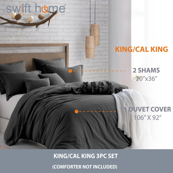 Ultra Soft Crinkled Texture Pre-Washed Duvet Cover & Sham Set (Comforter Not Included), King/Cal King (106"X 92"), Charcoal Grey