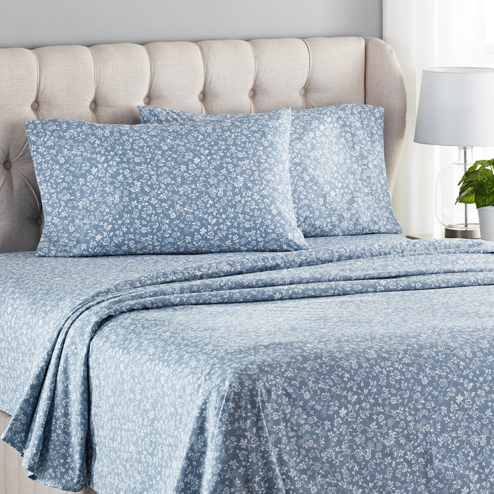 4-Piece 300 Thread Count Blue Floral Print CVC Cotton Blend Bed Sheet Set, Queen (Adult)