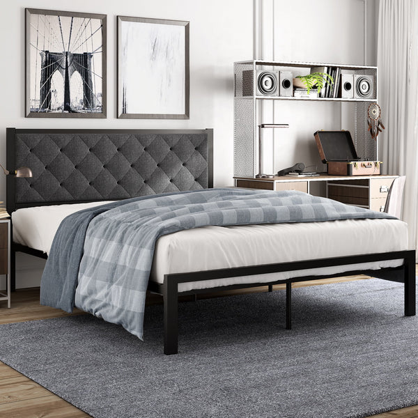 Full Size Metal Bed Frame with Upholstered Headboard, Dark Grey