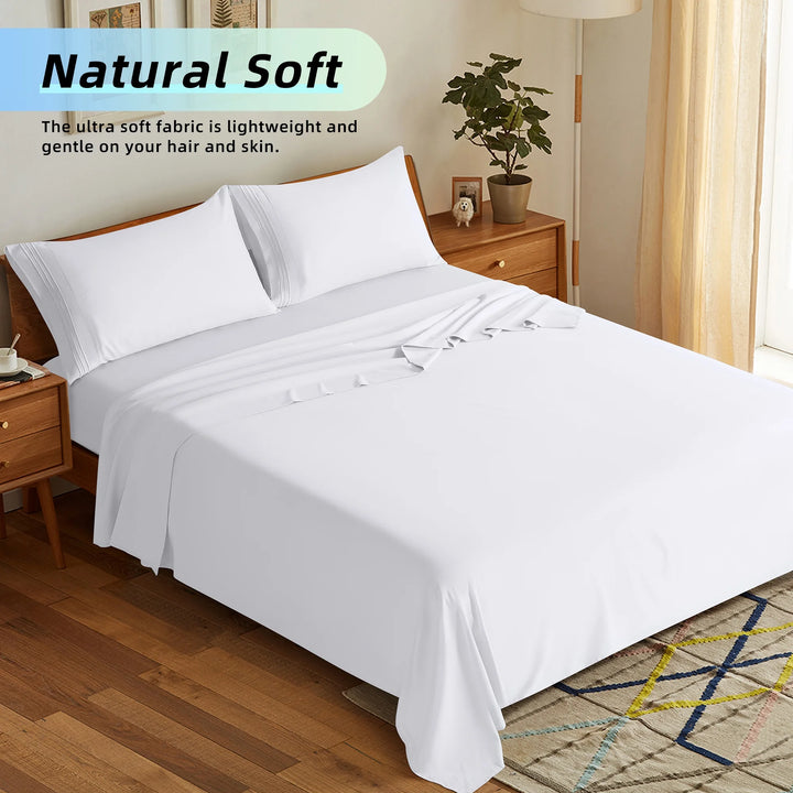 Bed Sheets Set, 1800 Series Microfiber Deep Pocket 4 Pieces Luxury Soft Sheet Set, Queen, White