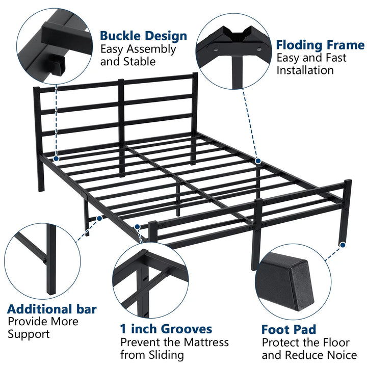 King Bed Frame with Square Frame Headboard and Footboard 14 Inch Heavy Duty Metal Slat Mattress Foundation Bed Easy Assembly, Black