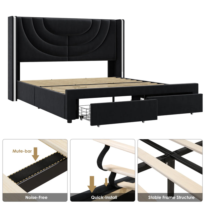 Full Size Platform Bed Frame with Velvet Upholstered Headboard, LED Bed Frame with 2 Drawers, Black