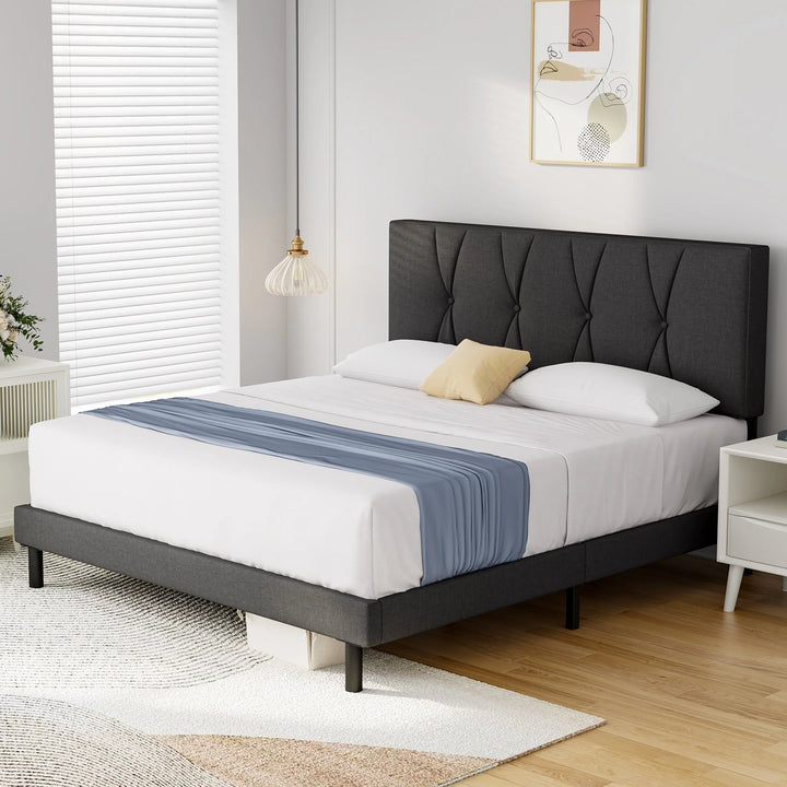 Queen Bed Frame,  Queen Size Platform Bed with Fabric Upholstered Headboard, Dark Grey