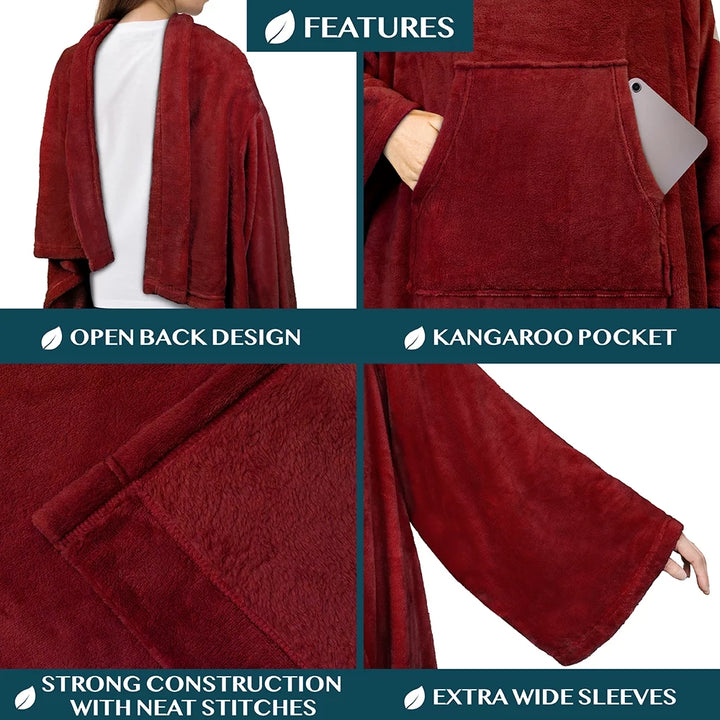 Premium Fleece Blanket with Sleeves for Women Men Adult, Wearable Blanket Warm Cozy, Super Soft Sleeved Throw with Arm, Gift for Women Mom Wife (Wine Red, Kangaroo Pocket)