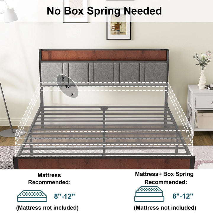 Queen Bed Frame, Platform Bed Queen Size with Storage Headboard and Charging Station, No Box Spring Needed, Gray