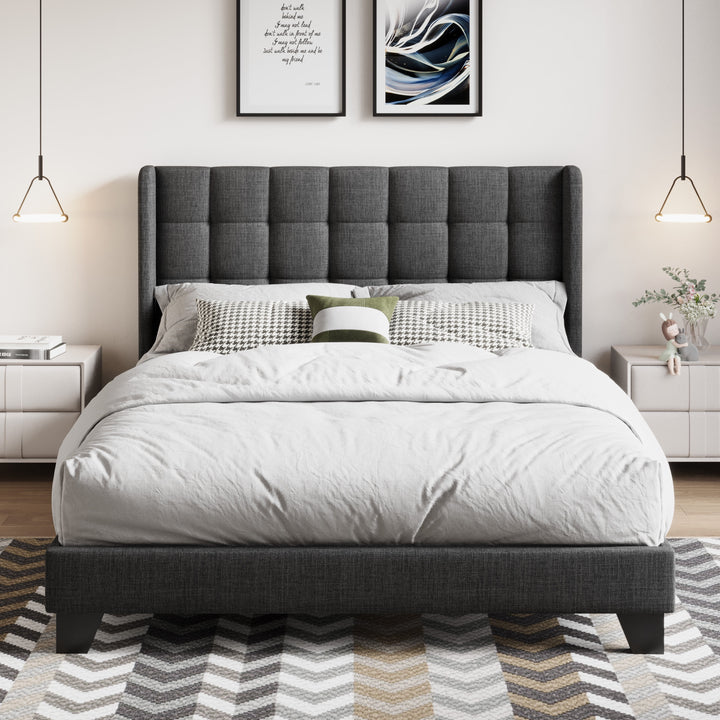 Queen Size Platform Bed with Wingback Headboard, Square Stitched Style, Dark Grey