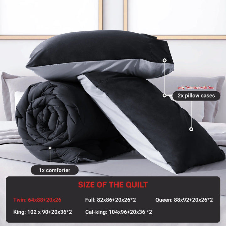 3 Pieces Bed in a Bag Comforter Set Duvet Insert,Reversible,Black/Grey,Queen