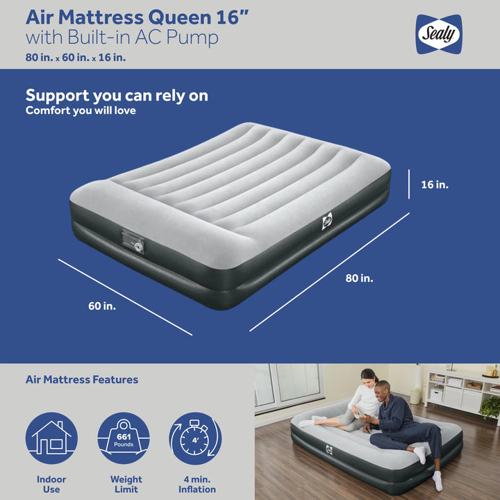 Open Box  16" Inflatable Mattress Queen Airbed W/ Built-In AC Air Pump