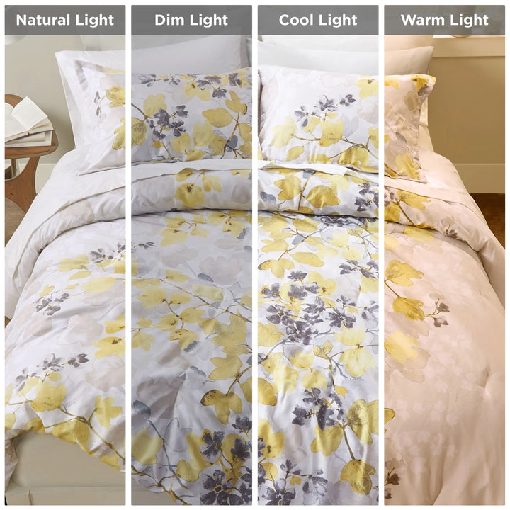 Essentials 9-Piece King Bed in a Bag Microfiber Comforter Sets down Alternative with Sheet Set and Side Pockets, Yellow Botanical