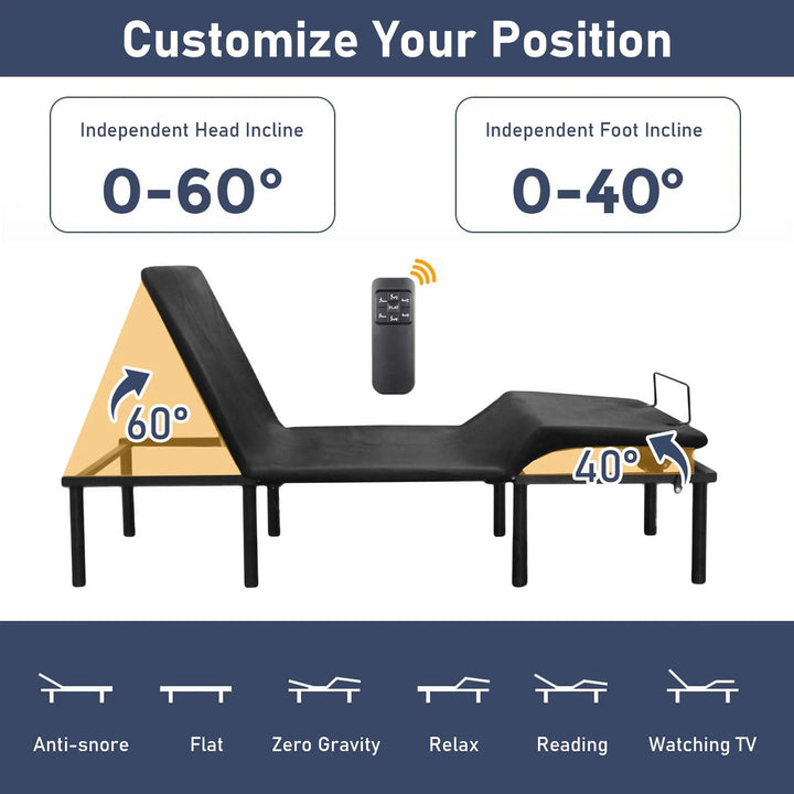 Adjustable Bed Frame, Zero Clearance Adjustable Bed Base Head and Foot Incline, Wireless Remote Control, Twin XL