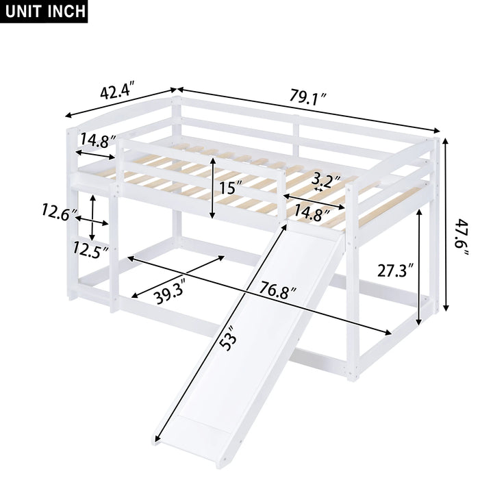 Low Bunk Beds Twin over Twin with Slide, Wooden Floor Bunk Bed Frame Built-In Ladder for Toddler Girls Boys (White)