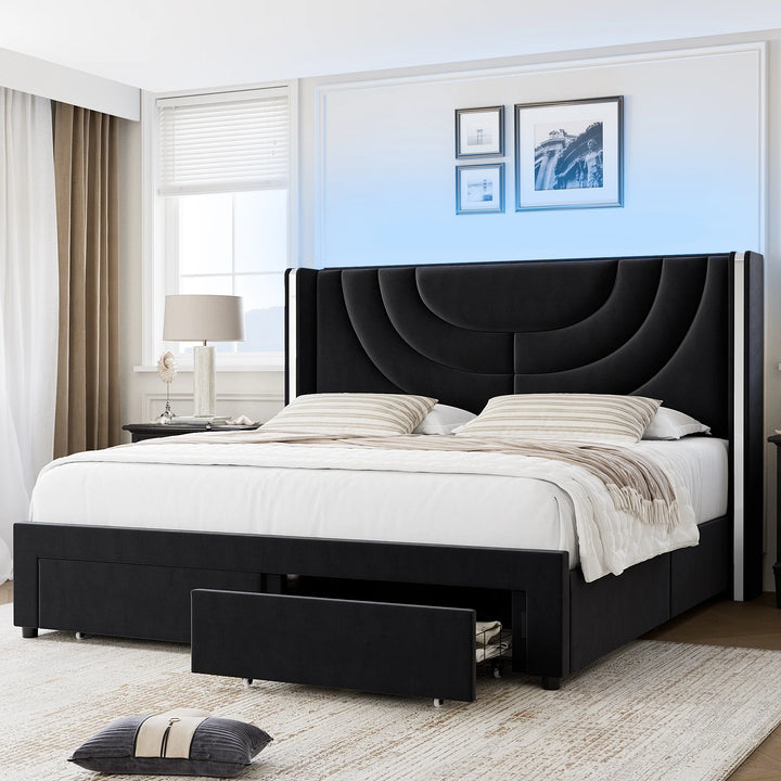 Full Size Platform Bed Frame with Velvet Upholstered Headboard, LED Bed Frame with 2 Drawers, Black