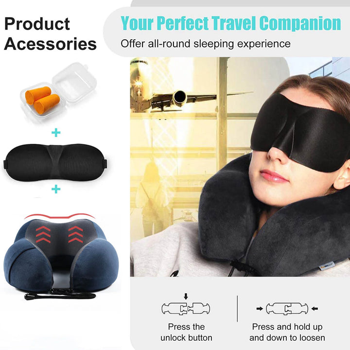 Travel Pillow Luxury Memory Foam Neck & Head Support Pillow Soft Sleeping Rest Cushion for Airplane Car & Home Best Gift (Navy Blue)