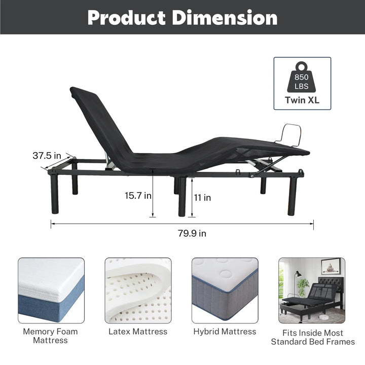 Electric Bed Frame with Wireless Remote Head and Foot Incline, New Upgrade Adjustable Bed Base Frame with Zero Gravity Function and Flashlight, Advanced Smooth Silent Operation, Twin XL