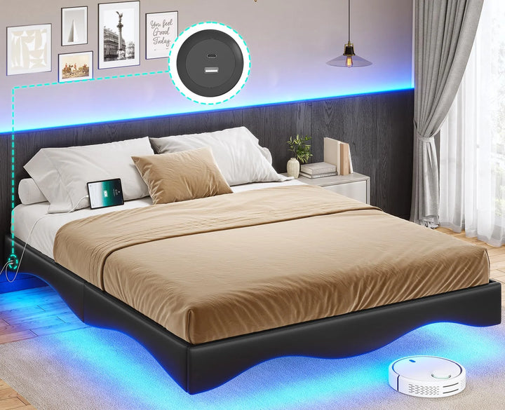 Queen Floating Bed Frame with Charging Station, Led Platform Leather Bed Frame, Black