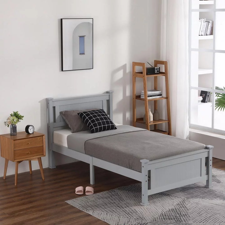 Twin Bed Frame,Solid Pine Wood Twin Platform Bed Frame, Bedroom Twin Bed with Headboard for Adults, Gray, 75.04"L*38.98"W*37.8"H