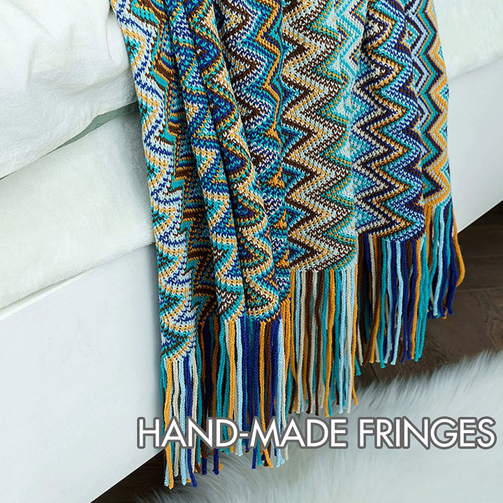 Knitted Throw Blanket with Tassel Knit Woven Wave Fringe Crochet Blanket Soft Lightweight Decorative N Blanket Afghan Hippie Outdoor Warm Throw for Sofa Bed Couch. 50 X 60 Blue