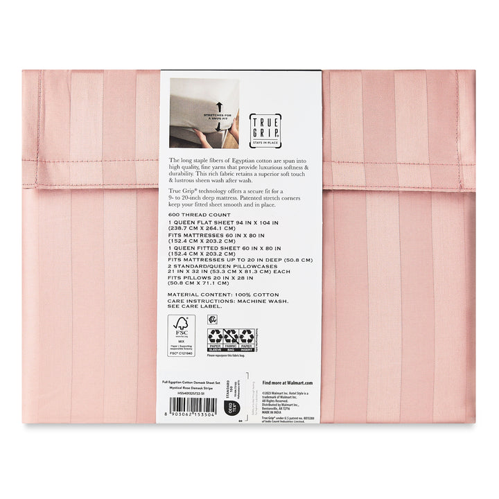 4-Piece 600 Thread Count Rose Stripe Egyptian Cotton Bed Sheet Set, Queen - Deep Pocket