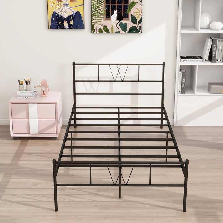 Twin Size Bed Frame, 11.2" Height Classic Metal Bed Frame with Iron-Art Headboard/Footboard/Under Bed Storage/No Box Spring Needed,Black