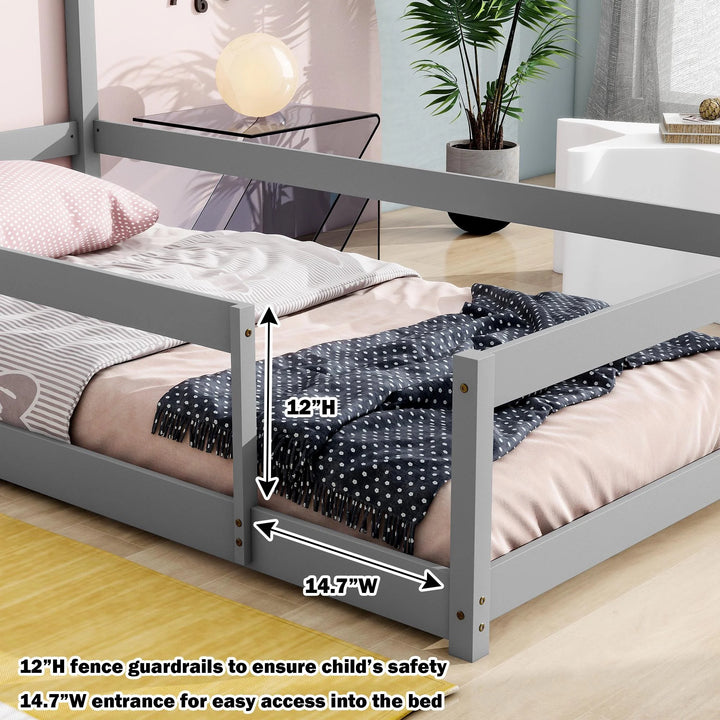 Twin Size Floor Bed with House-Shaped Headboard and Fence Twin Montessori Floor Bed Frame with Fence Twin House Bed Low Floor Bed for Kids, Toddlers, Boys, Girls, Gray