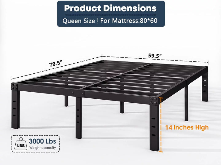 14" Queen Metal Bed Frame with Steel Slats, Heavy Duty Mattress Foundation