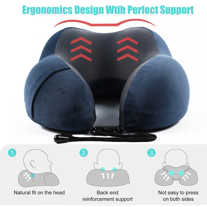 Travel Pillow Luxury Memory Foam Neck & Head Support Pillow Soft Sleeping Rest Cushion for Airplane Car & Home Best Gift (Navy Blue)