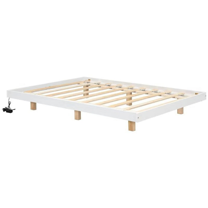 Full Size Floating Bed Frame with LED Lights Underneath, Modern Low Profile Platform Bed with Wood Slats Support, Noise Free, No Box Spring Needed, Easy Assembly, White