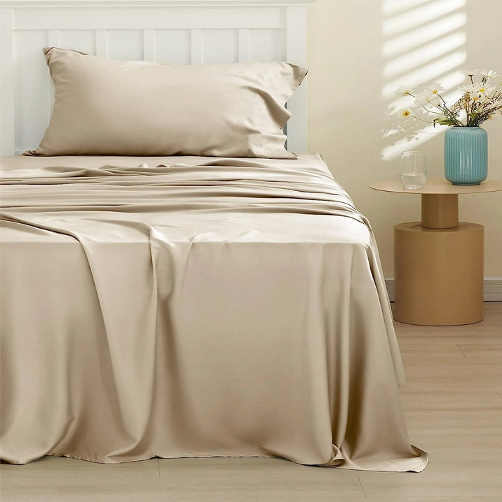 Twin Cooling Bed Sheets Set, Rayon Derived from Bamboo, Hotel Luxury Silky Breathable Bedding Sheets & Pillowcases, Beige