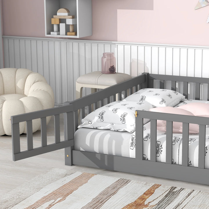 Kids Toddler Bed with Fence and Door, Full Size Platform Bed Floor Bed, Wood Bed Frame No Box Spring Needed, Gray