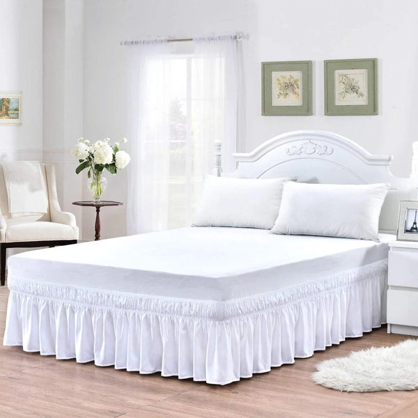 Wrap around Ruffled Bed Skirt 15 Inch for Queen Size Beds,White