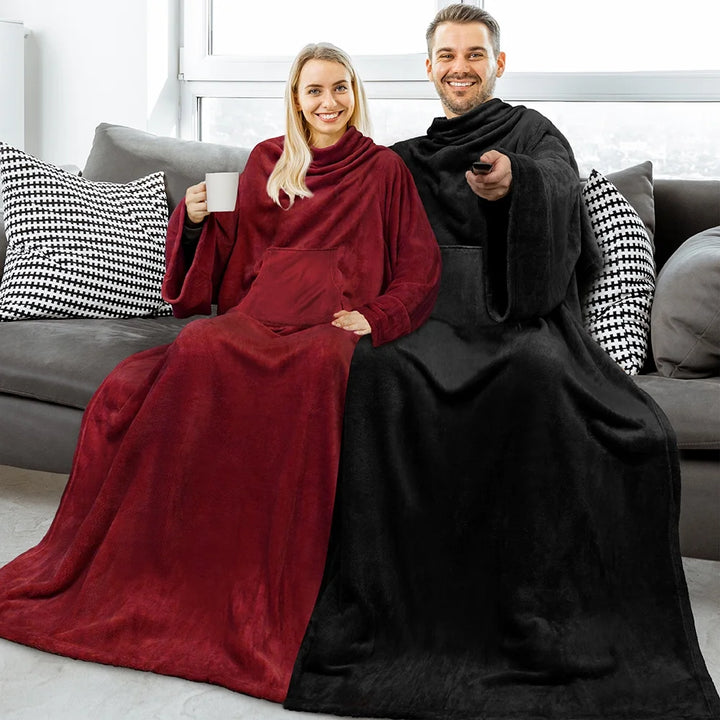 Premium Fleece Blanket with Sleeves for Women Men Adult, Wearable Blanket Warm Cozy, Super Soft Sleeved Throw with Arm, Gift for Women Mom Wife (Wine Red, Kangaroo Pocket)