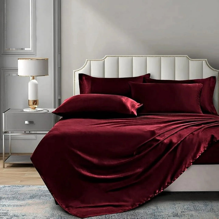 Twin Size Sheet Set Satin Sheets Burgund Microfiber Silk Bed Set of 3 with 1 Pillowcase