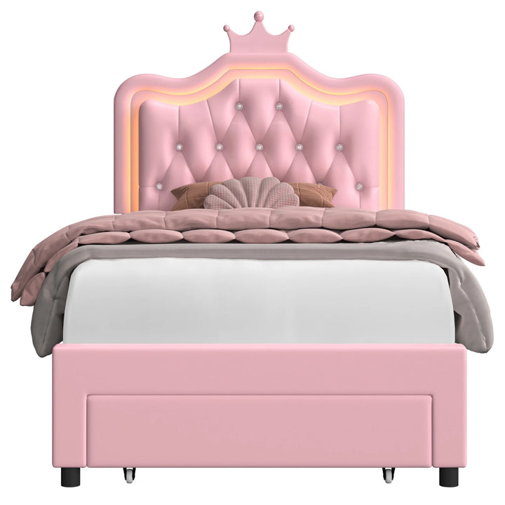 Twin Size LED Bed Frame with Storage Drawer, PU Leather Crown Platform Bed with Crystal Tufted Upholstered Adjustable Headboard, Pink