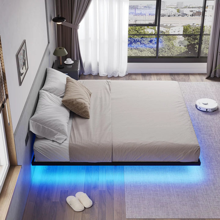 Floating Bed Frame King Size with LED Lights, Metal Platform King Bed, No Box Spring Needed, Easy to Assemble