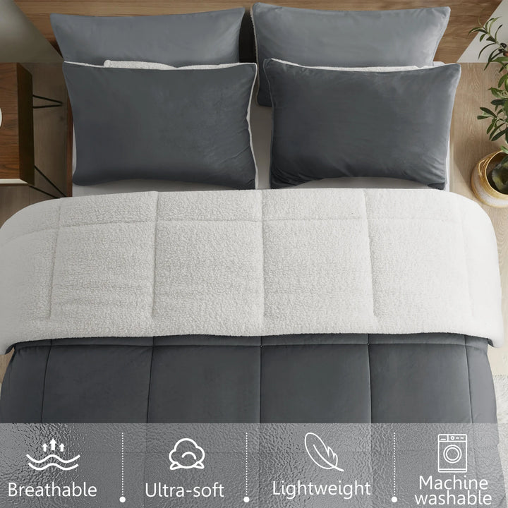 King Sherpa Comforter Set, Soft Quilted down Alternative Comforter Reversible Duvet with 2 Pillowcases, Plush Warm Fall Winter 3 Piece Bedding Sets, Dark Grey