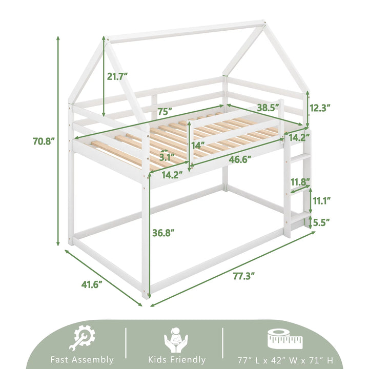 Wooden House Bunk Bed, Twin over Twin Bunk Bed with Ladder, Toddler Floor Bunk Bed for Kids, Boys & Girls (White)