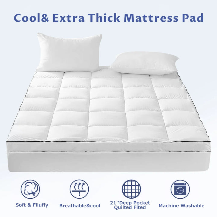 Extra Thick Queen Mattress Topper, Cooling Mattress Pad Cover, 2" Mattress Topper with 8-21 Inch Deep Pocket Soft Comfortable Breathable, White