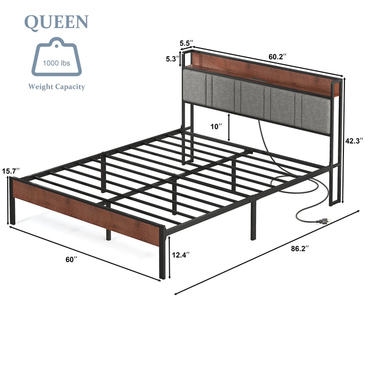 Queen Bed Frame, Platform Bed Queen Size with Storage Headboard and Charging Station, No Box Spring Needed, Gray