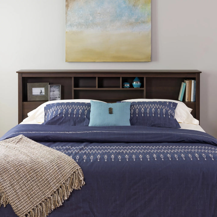 King Size Bed Headboard: Stylish Espresso King Headboard with Bookcase for King Size Beds, Freestanding (81.5" W X 43" H X 11" D) - ESH-8445