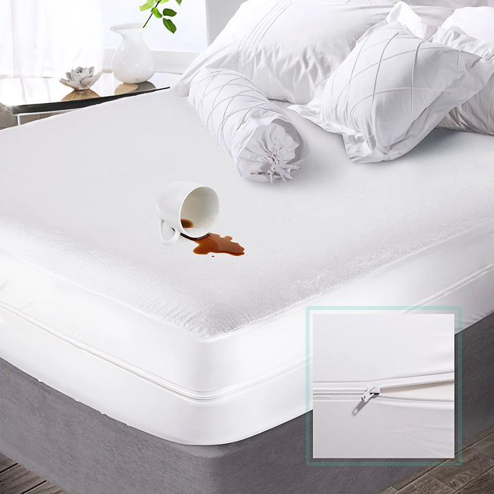 Waterproof Mattress Protector, Premium Mattress Pad Queen, Zippered Mattress Cover Fits Mattresses up to 21 Inches