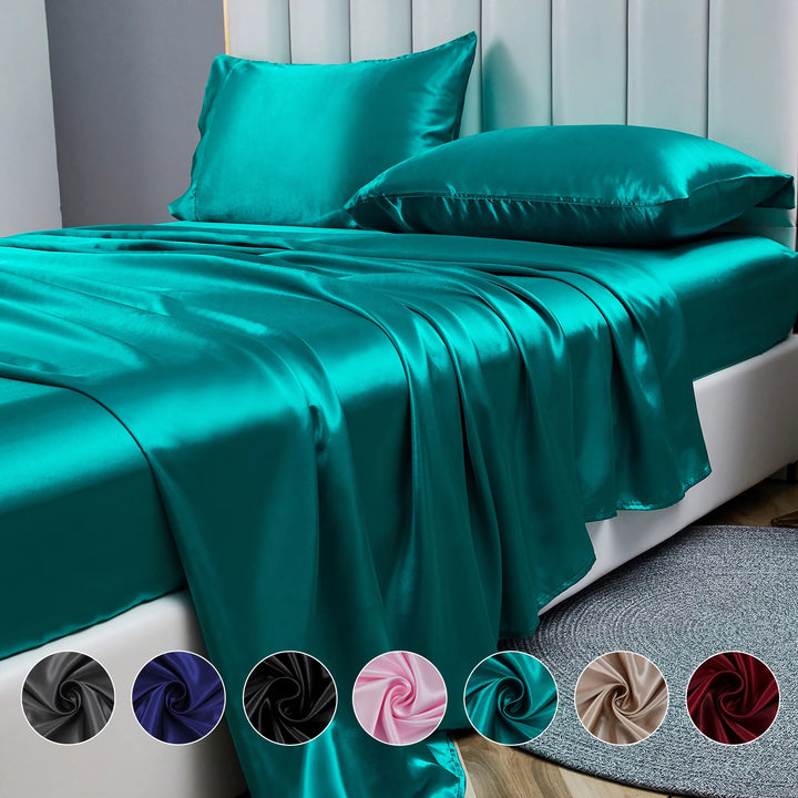 Satin Sheets Twin Silk Sheets Turquoise Bed Sheet Set Deep Pocket Bed Flat Fitted Sheet, 3-Pieces