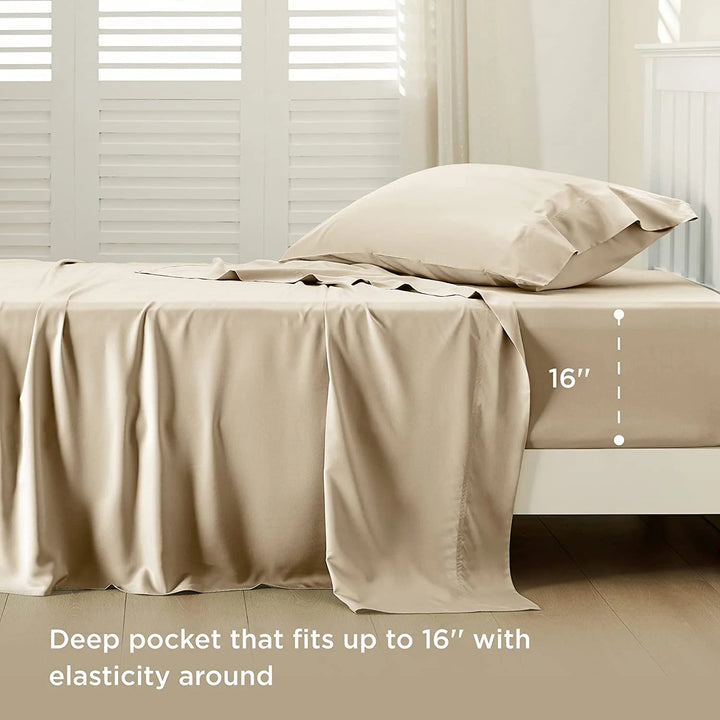 Twin Cooling Bed Sheets Set, Rayon Derived from Bamboo, Hotel Luxury Silky Breathable Bedding Sheets & Pillowcases, Beige