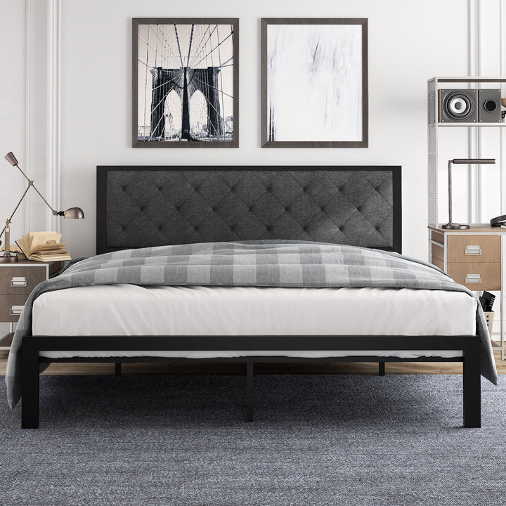 King Size Metal Bed Frame with Upholstered Headboard, Dark Grey