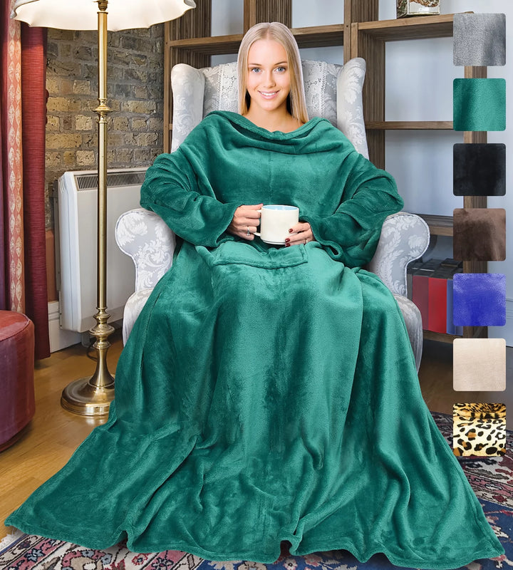 Napa Lounging Soft Fleece Adult Wearable Blanket Throw with Sleeves for Women and Men - Retail Packaging - Emerald Green