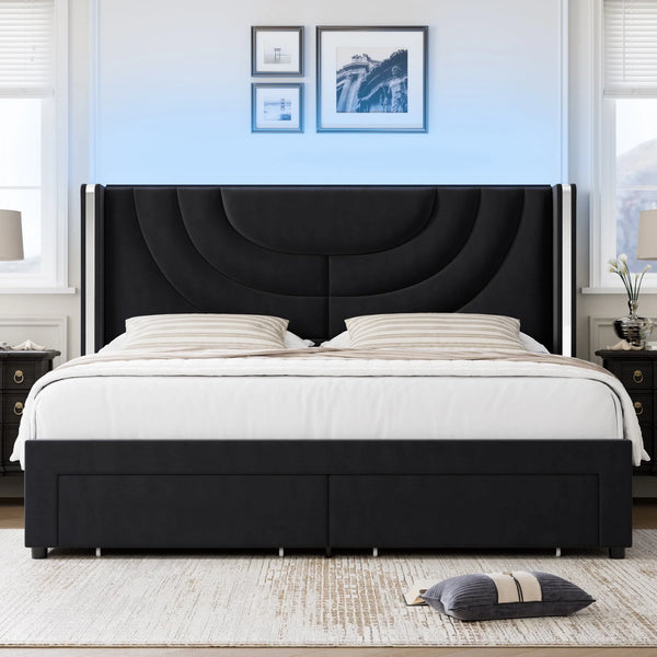 Full Size Platform Bed Frame with Velvet Upholstered Headboard, LED Bed Frame with 2 Drawers, Black