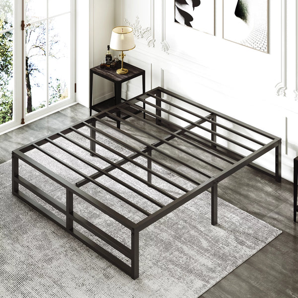 Queen Size Metal Platform Bed Frame with Solid Metal Slat Support, Black