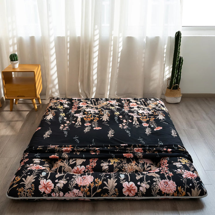 Japanese Floor Mattress Futon Mattress Floral Design Sleeping Mat with Dustproof Cover and Storage Bag Twin Size