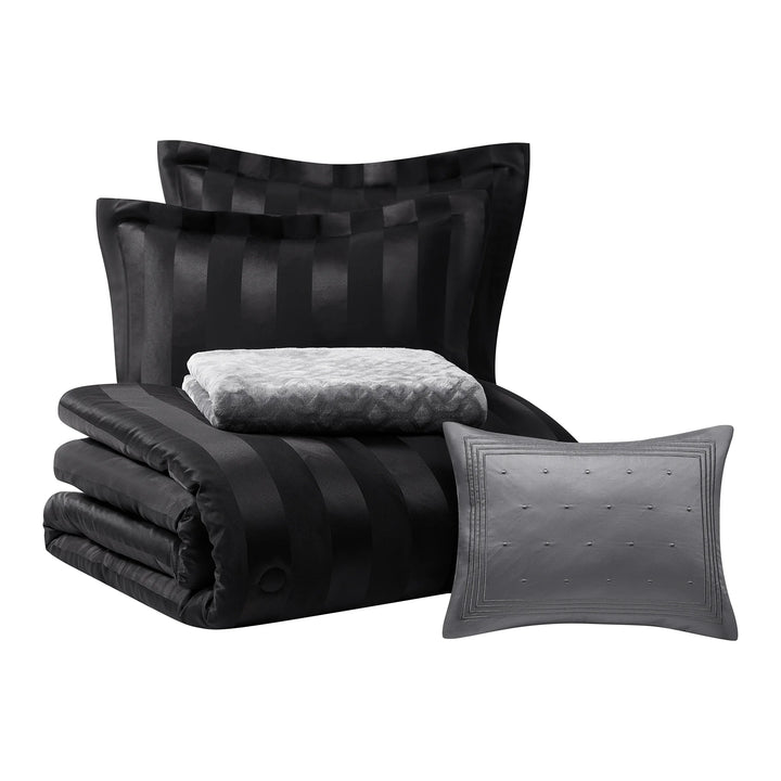 5-Piece Black Damask Stripe Comforter Set, King